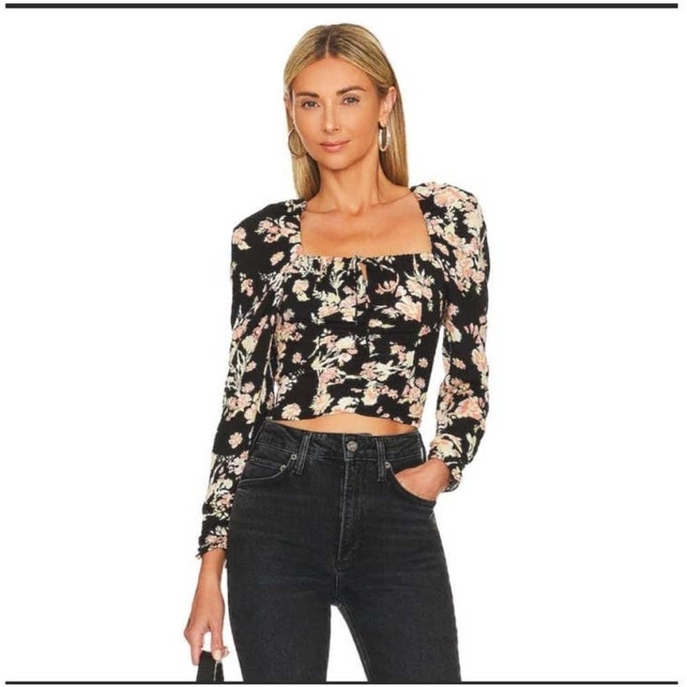 NWT Free people Hilary print keyhole neck top black combo size large